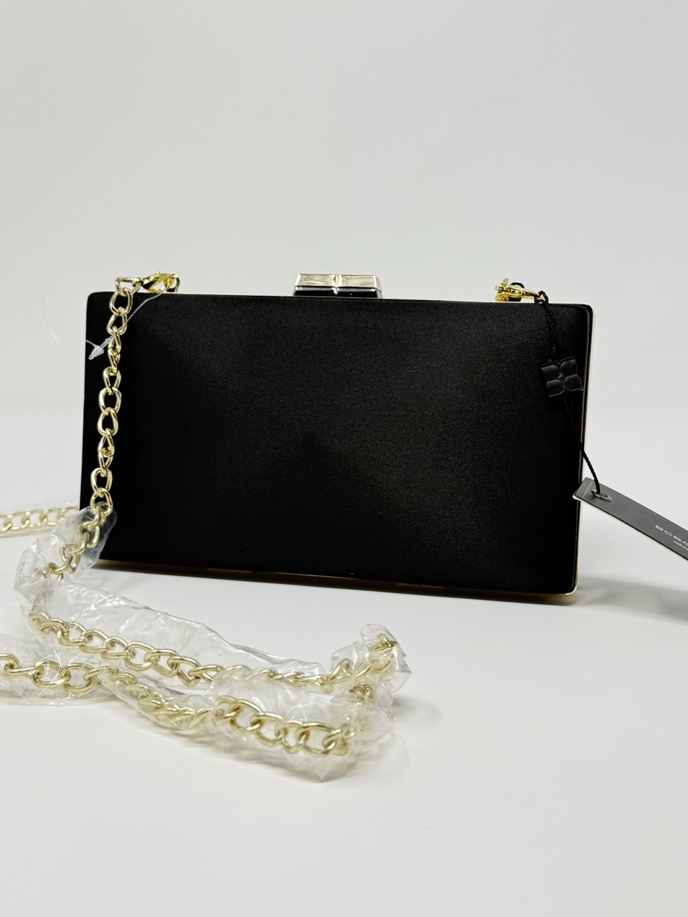 BCBGMAXAZRIA Gritte Black Satin Clutch Gold Chain Shoulder Bag Evening NWT